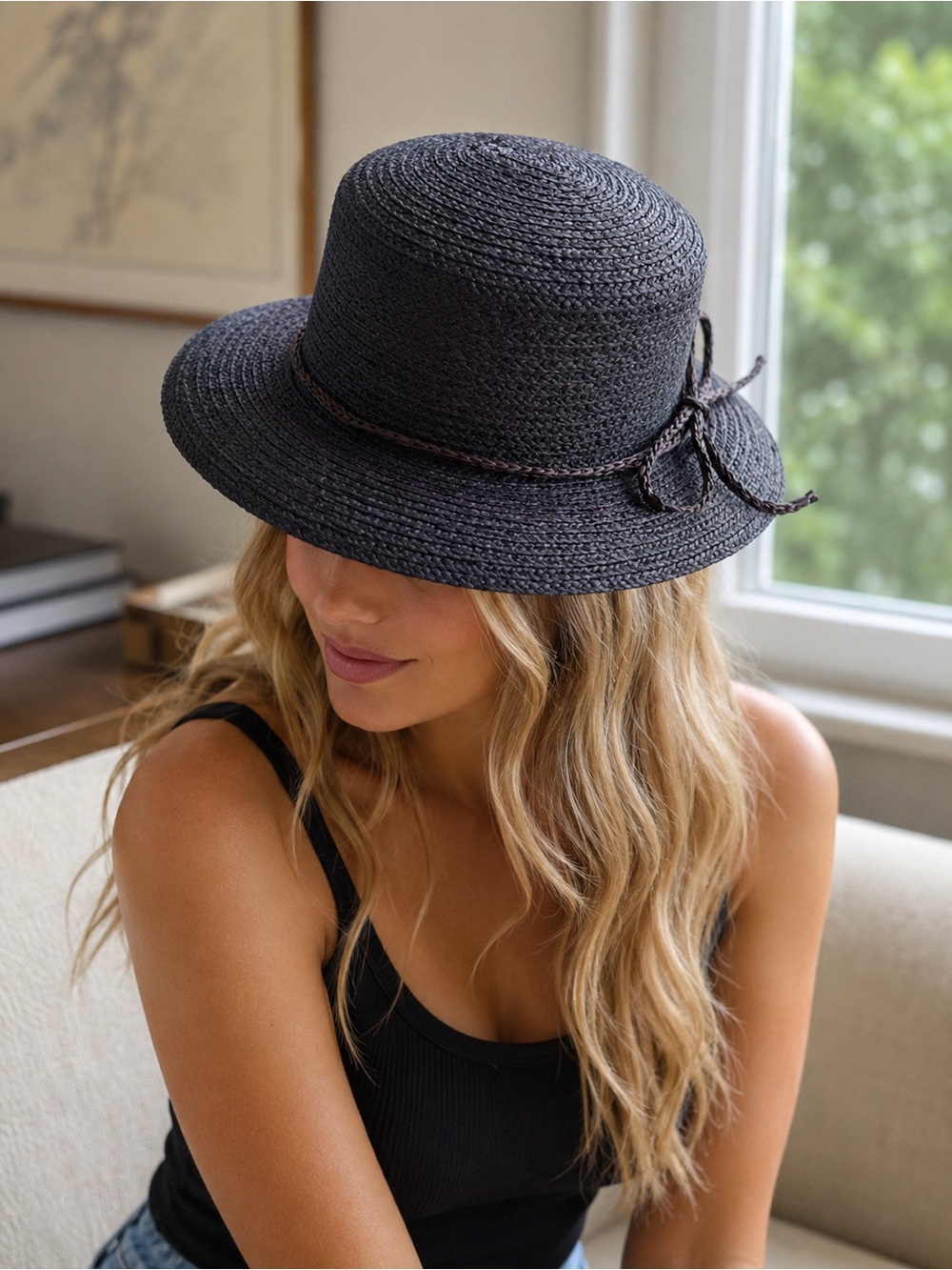 Vintage Classic navy blue Straw Sun Hat with Braided Trim